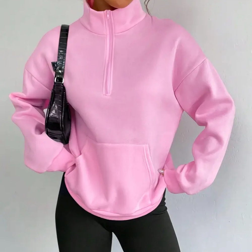 Chic pink Women's High-Neck hoodie Sweatshirt with Zip Detail - very soft, small